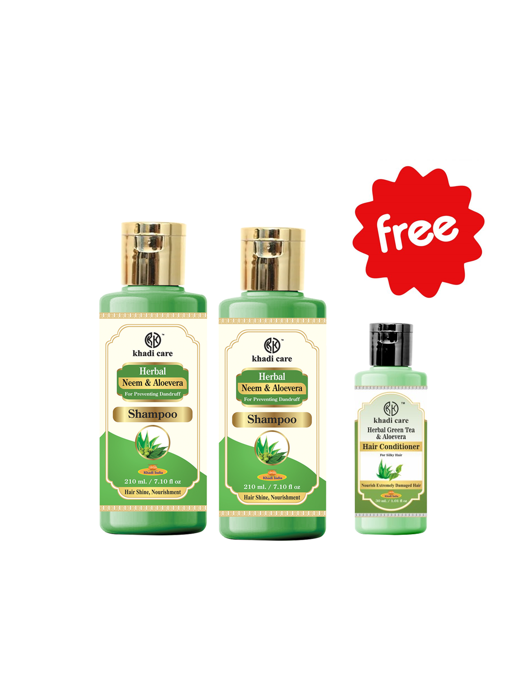 Khadi Care Herbal Neem & Aloe Vera Shampoo (210ml Each) Pack of 2 Free Green Tea and Aloe Vera Hair Conditioner (30ml)