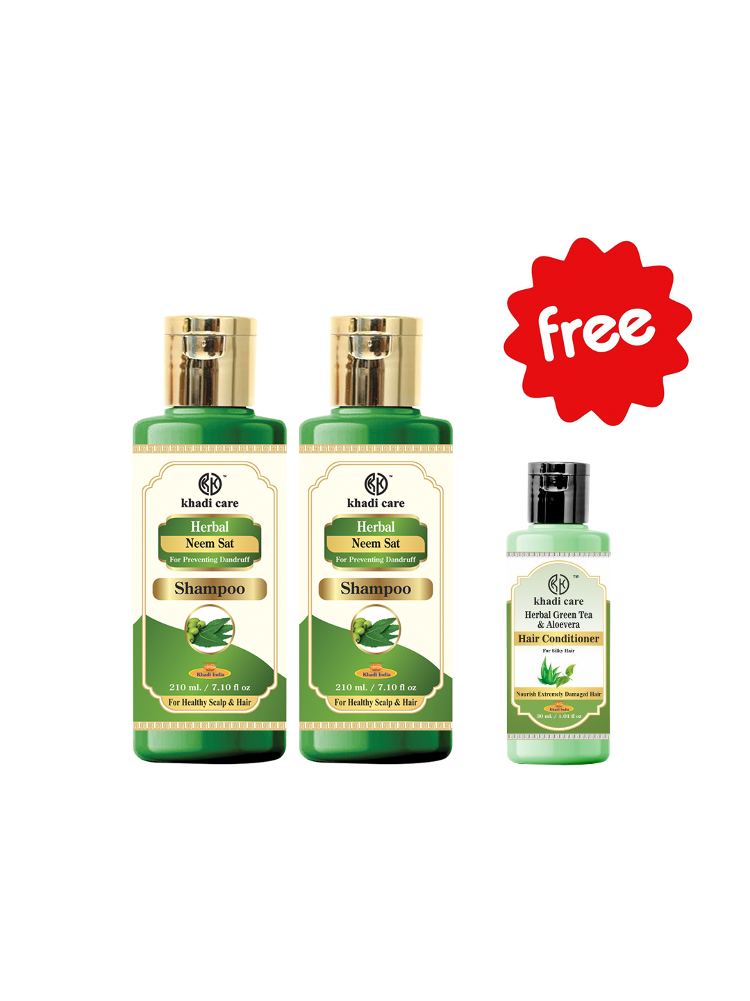 Khadi Care Herbal Neem Sat Shampoo (210ml Each) Pack of 2 Free Green Tea and Aloevera Hair Conditioner (30ml)