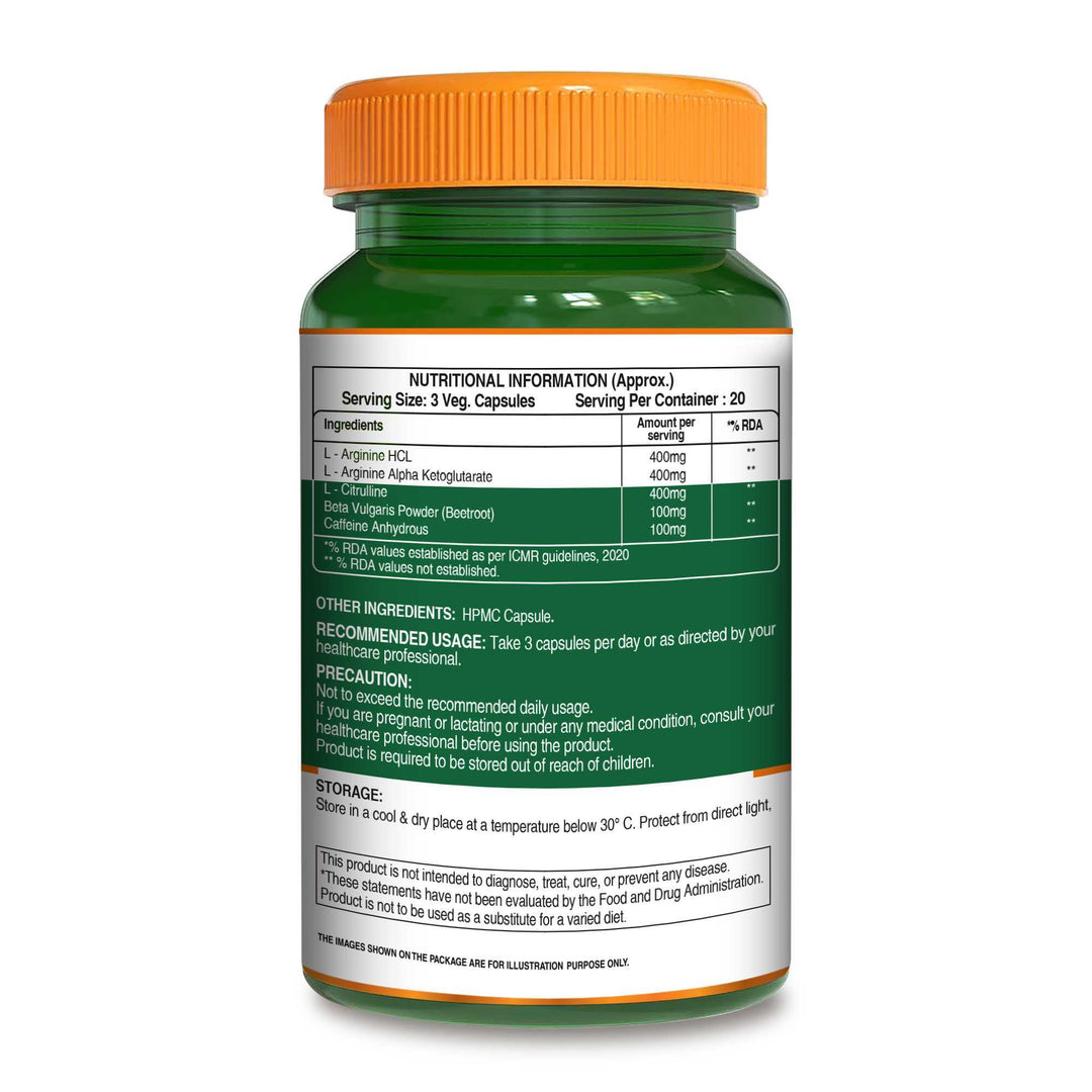 Pure Nutrition Nitric Oxide Booster – L-Arginine HCL, L-Citrulline & Caffeine – Strength, Stamina, Energy & Recovery – 60 Veg Capsules