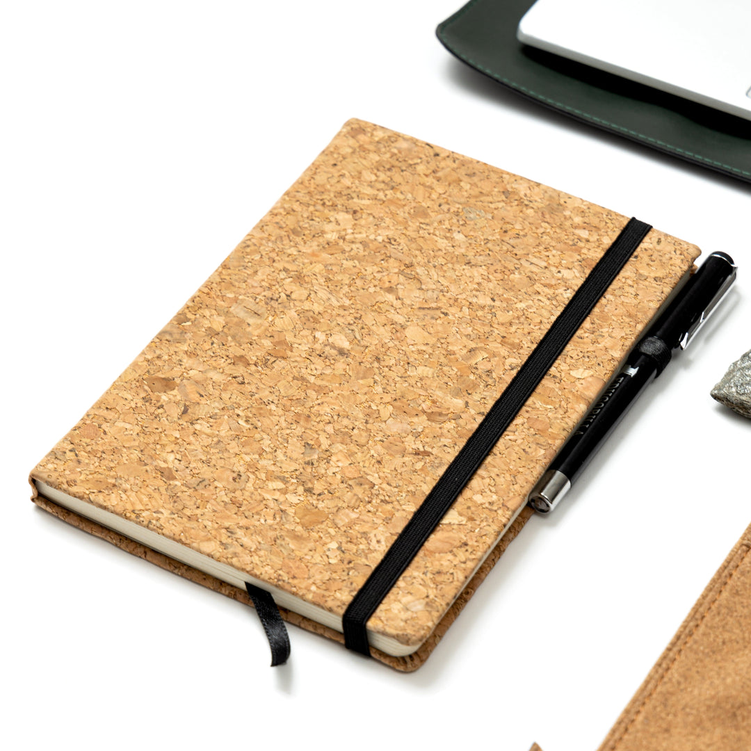 Cork notebook diary with pen from Noir sustainable office desk set by Green Hermitage