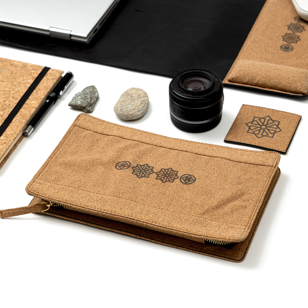 Cork tech organiser pouch from Noir sustainable office desk accessories set by Green Hermitage