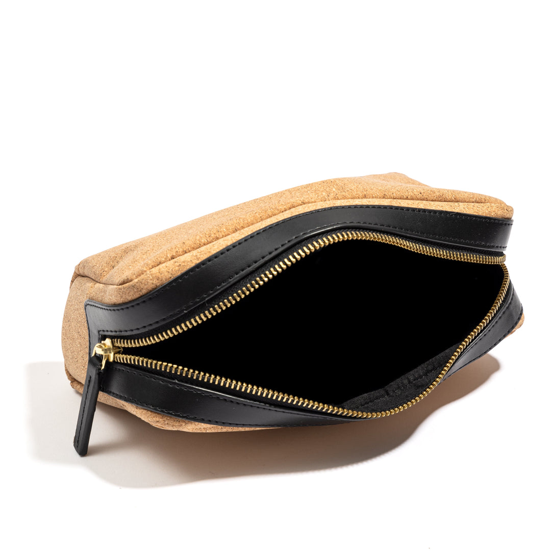 Open plant leather vanity pouch from the Noir Holiday Travel Set by Green Hermitage showing zip closure and interior storage