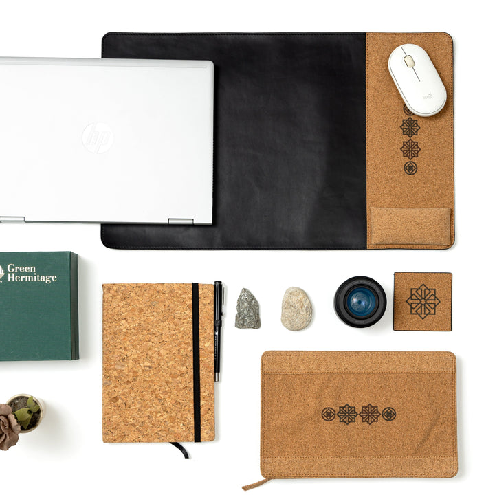 Noir office desk set with cork notebook, desk mat, coaster and tech organiser by Green Hermitage