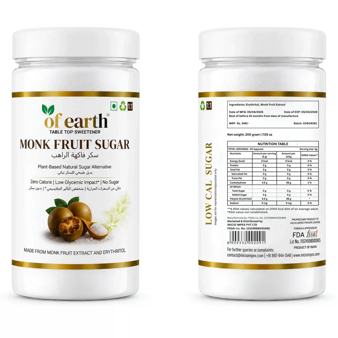 Of Earth Monk Fruit Sweetener With Erythritol | Zero-Glycemic Index, Low Calorie Sugar Substitute | 1:1 Sugar Replacer for Tea, Coffee, Drinks, Cooking & Baking | Plant Based | Keto, Vegan & Diabetic Friendly | 200g