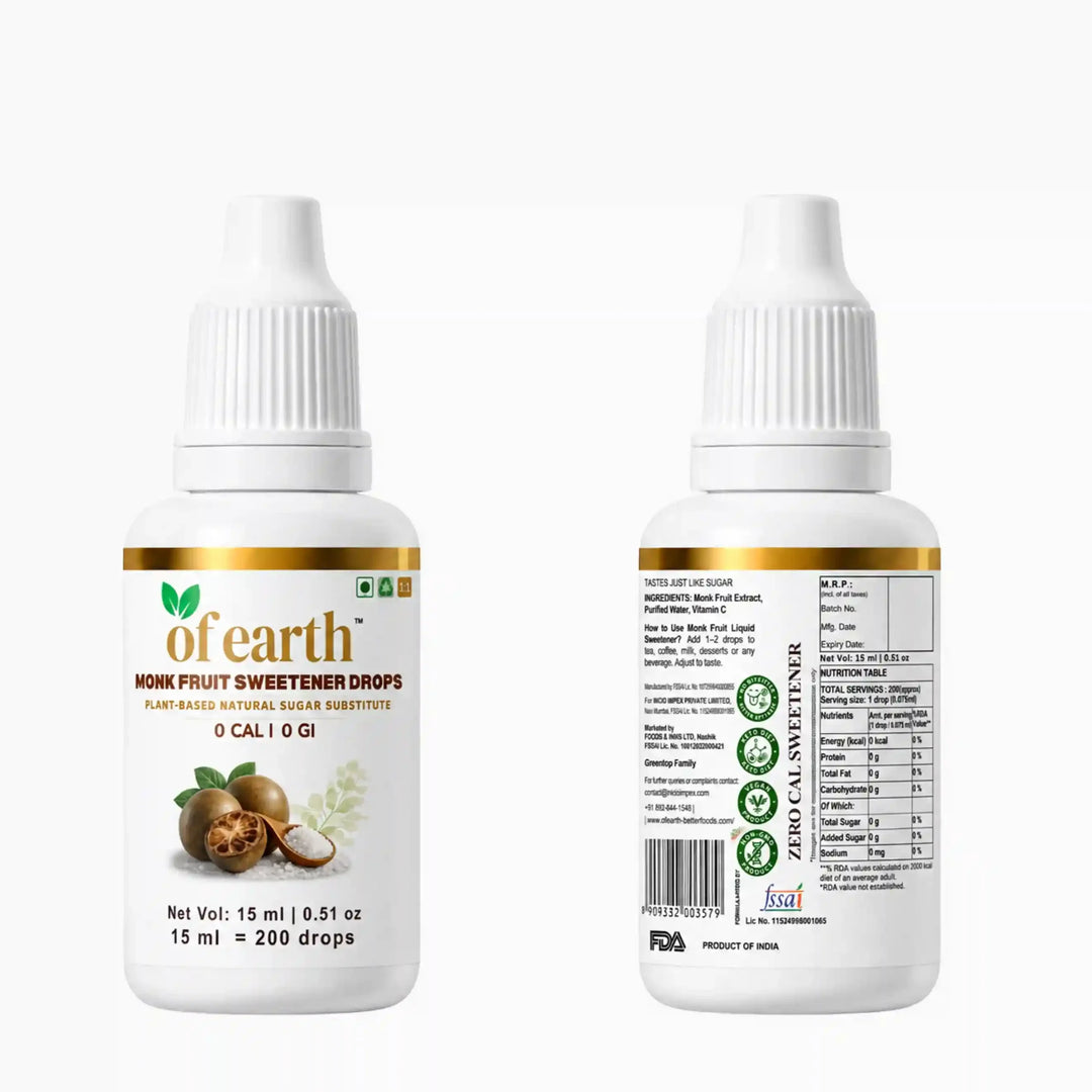Of Earth Monk Fruit Sweetener | Pure Extract- No Erythritol, No Allulose | Zero- Glycemic Index Sugar Substitute | 1:1 Sugar Replacer for Tea, Coffee, Drinks | Plant-Based | Keto, Vegan & Diabetic Friendly | 1 drop = 1 spoon sugar | 15 ml