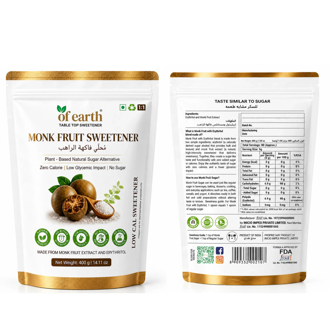 Of Earth Monk Fruit Sweetener With Erythritol | Zero-Glycemic Index, Low Calorie Sugar Substitute | 1:1 Sugar Replacer for Tea, Coffee, Drinks, Cooking & Baking | Plant-Based Monk Fruit Sweetener | Keto, Vegan & Diabetic Friendly | 400g