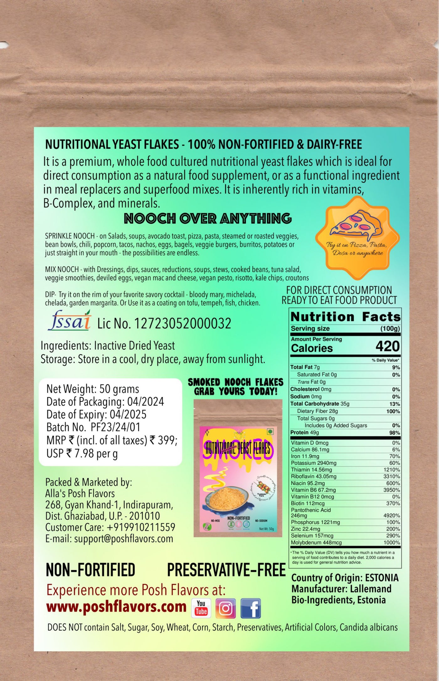 Nutritional Yeast Flakes | Dairy-Free | Gluten-Free | Soy-Free | Unfortified | Imported from Europe | 50 grams Pack