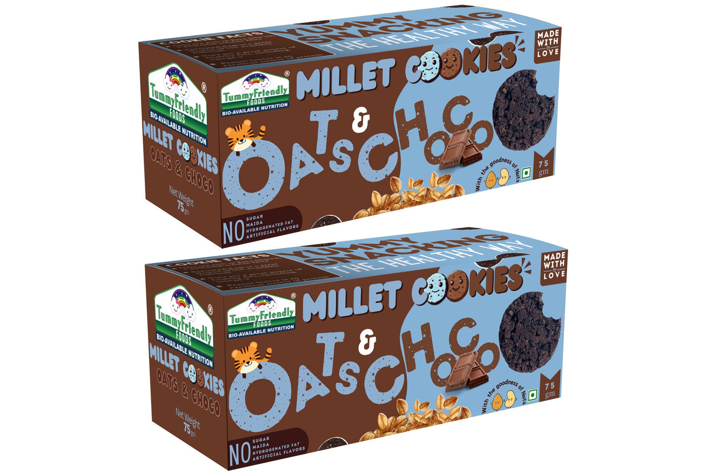 Tummy Friendly Foods Millet Cookies - OatsChoco - Pack of 2 - 75g each. Healthy Ragi Biscuits, snacks for Baby, Kids & Adults