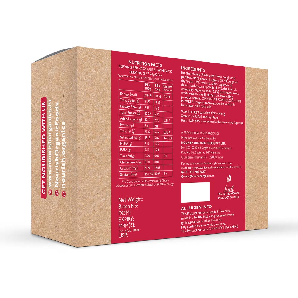 Nourish Organics Oats Cranberry Cookies (Pack of 5x2) - Wheat-Free