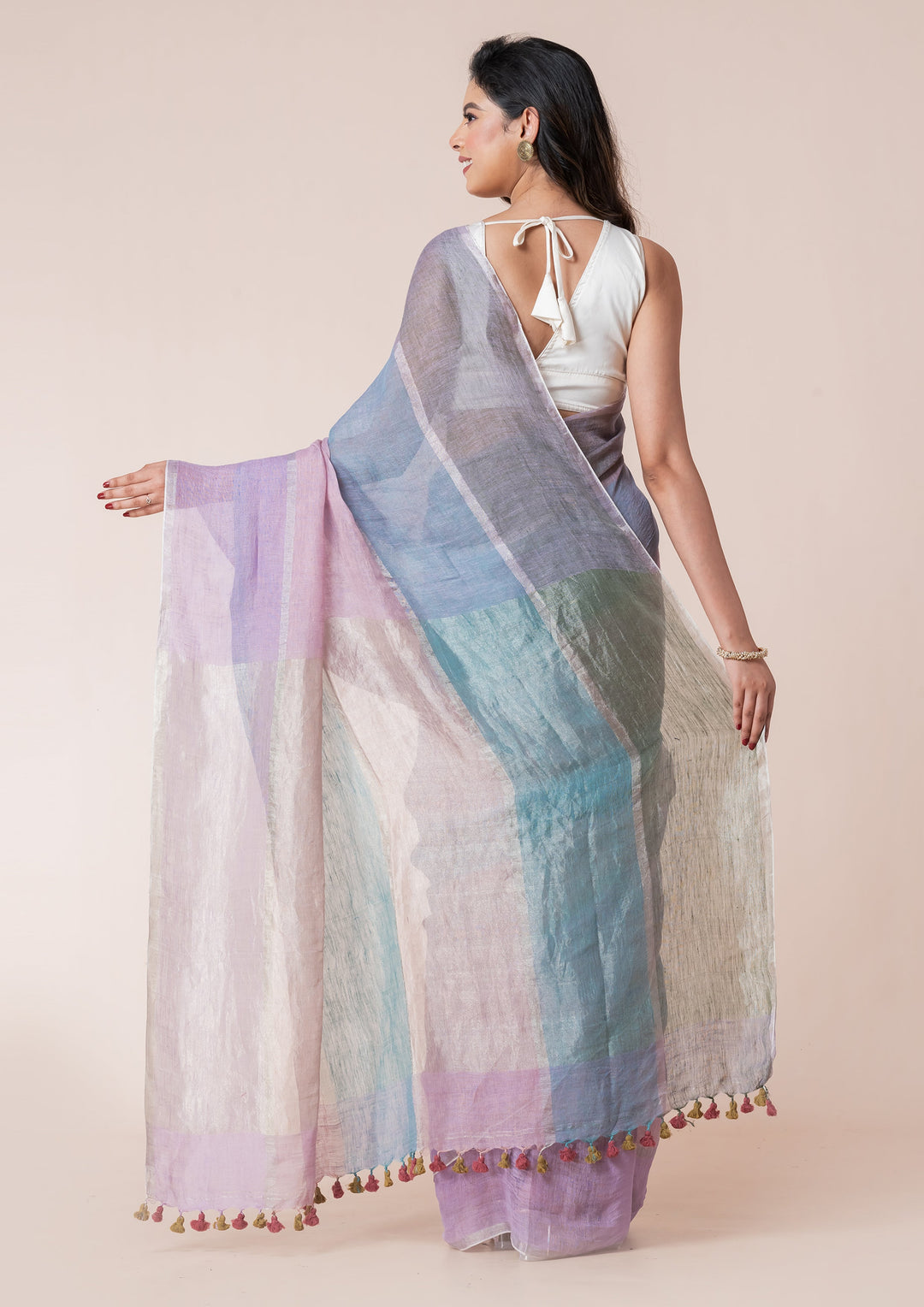 OCAU Cupcake Clouds - Pure Linen Multicolor Saree - Suspire