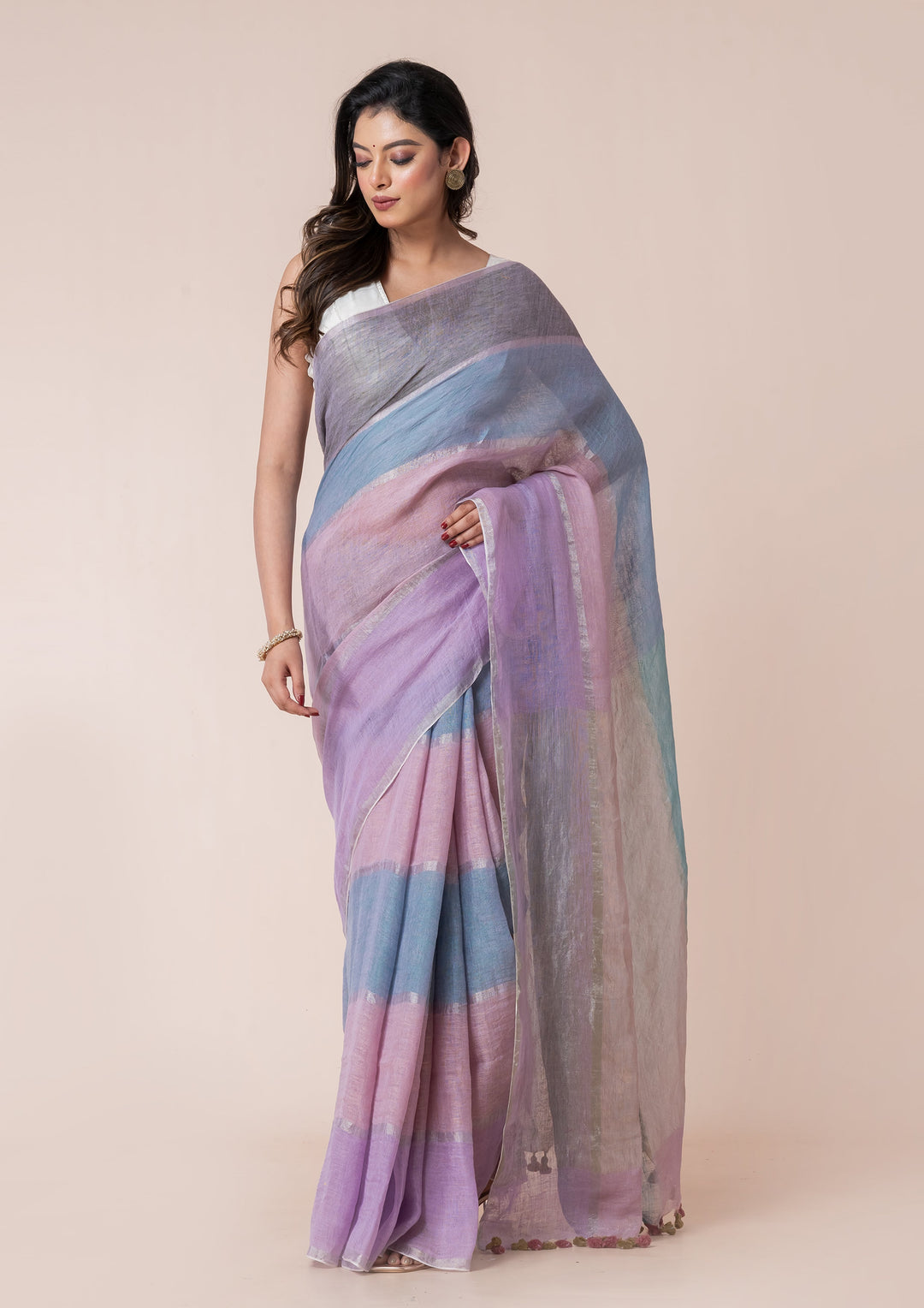 OCAU Cupcake Clouds - Pure Linen Multicolor Saree - Suspire