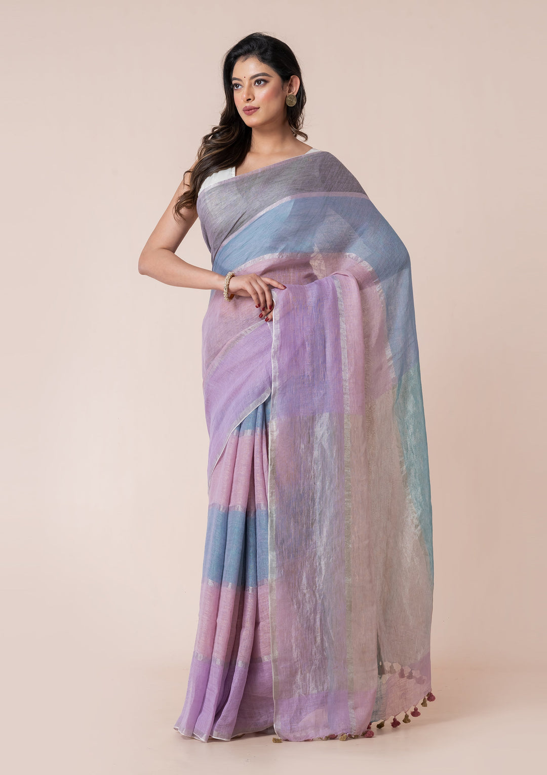 OCAU Cupcake Clouds - Pure Linen Multicolor Saree - Suspire