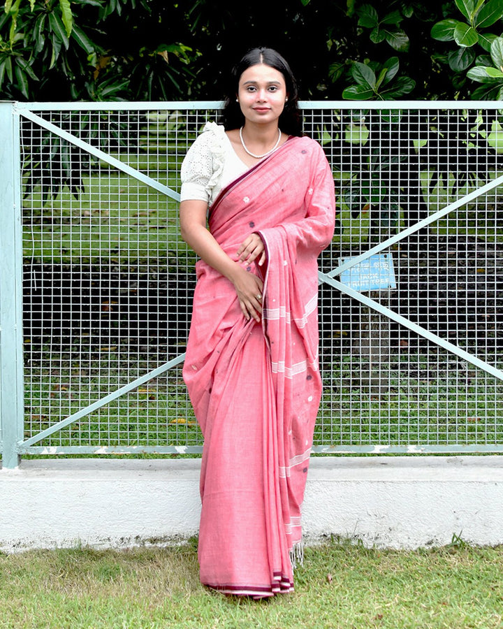 OCAU Daisy Dew - Organic cotton saree with jamdani motifs II Rose Gold - Suspire