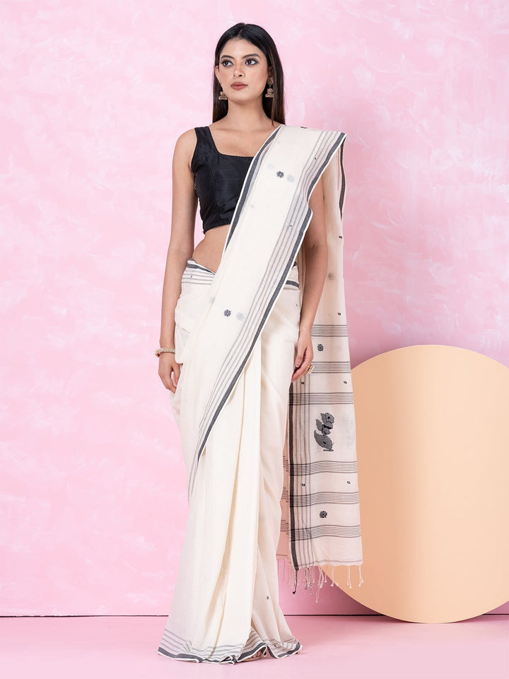 OCAU Daisy Drape - Organic cotton saree with jamdani motifs II Off - White - Suspire