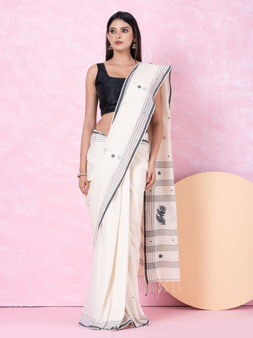 OCAU Daisy Drape - Organic cotton saree with jamdani motifs II Off - White