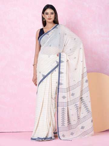 OCAU Geometric Bloom - Organic cotton saree with jamdani motifs II Off - White