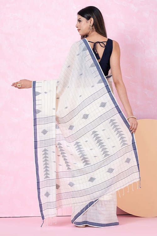 OCAU Geometric Bloom - Organic cotton saree with jamdani motifs II Off - White - Suspire