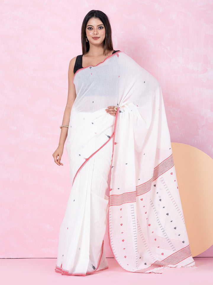 OCAU Love Bloom - Organic cotton saree with jamdani motifs II Off - White - Suspire