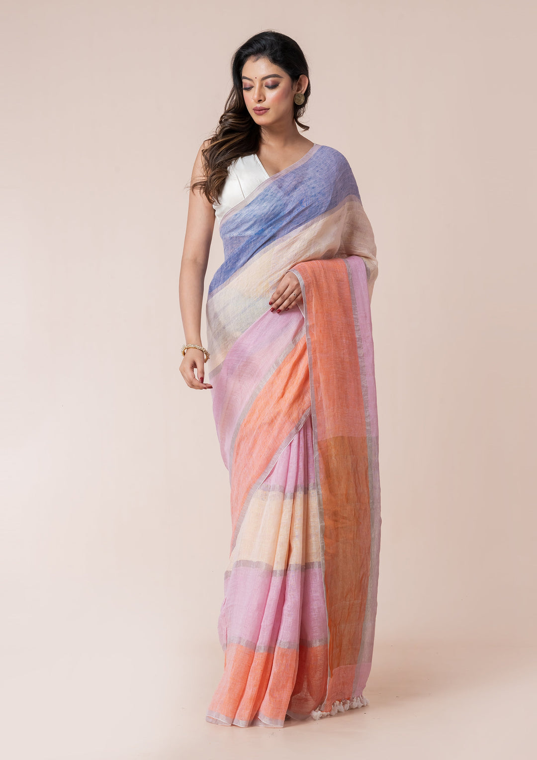 OCAU Macaron Magic - Pure Linen Multicolor Saree - Suspire