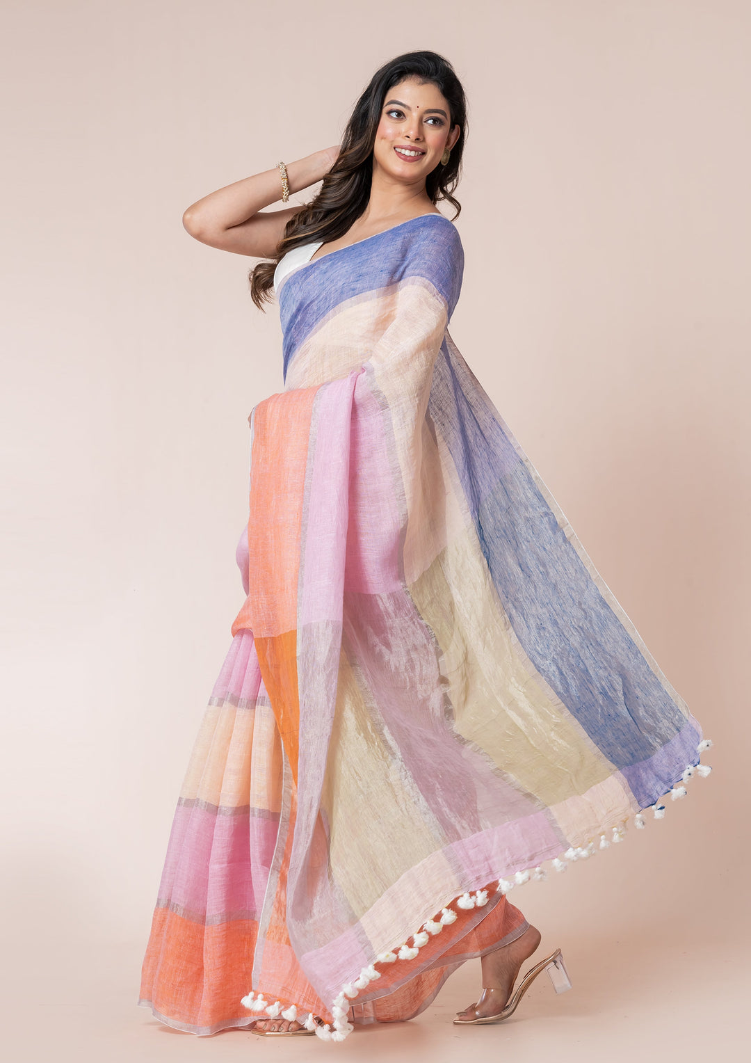 OCAU Macaron Magic - Pure Linen Multicolor Saree - Suspire