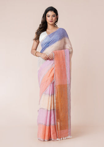 OCAU Macaron Magic - Pure Linen Multicolor Saree