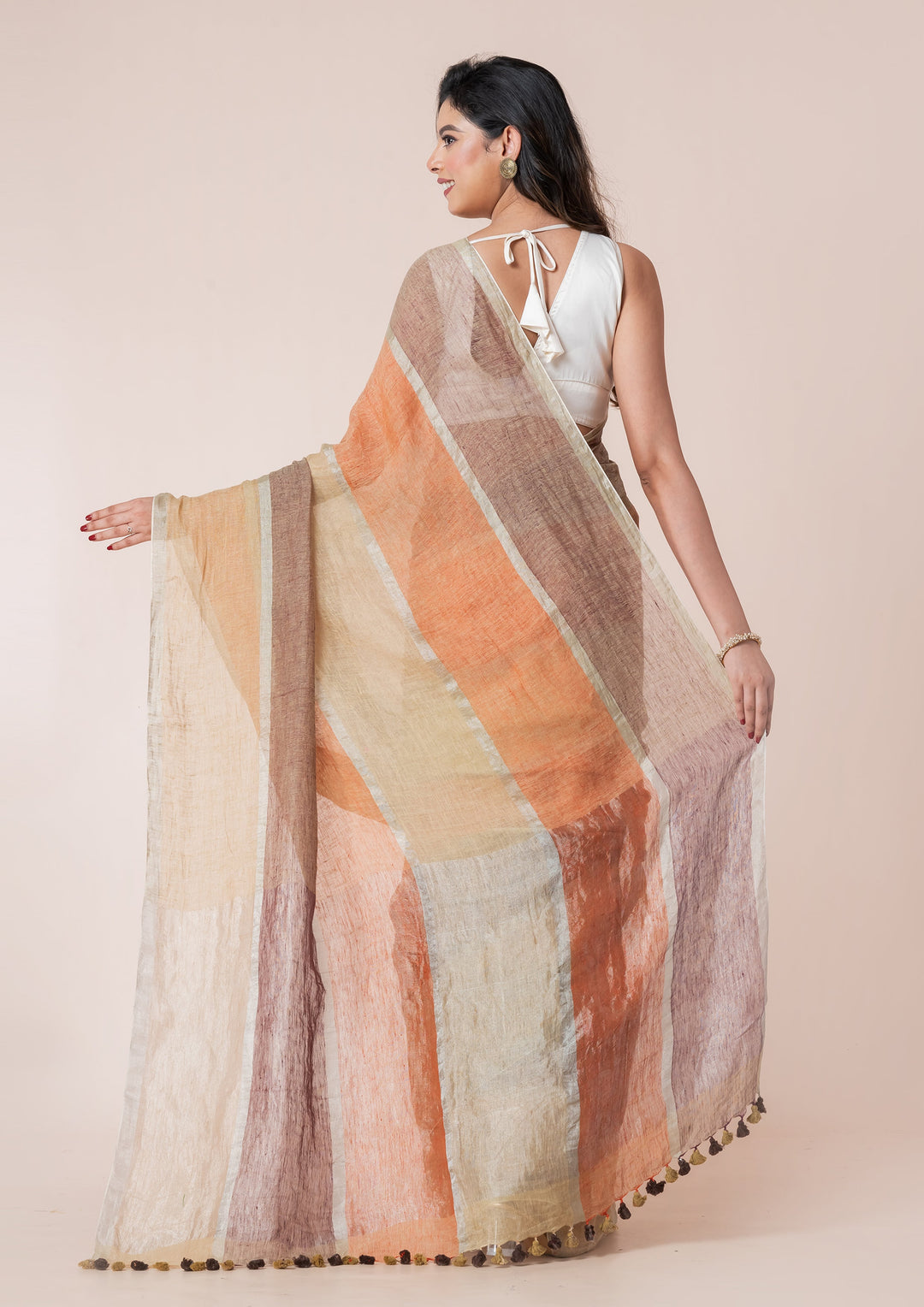 OCAU Meadow Mist - Pure Linen Multicolor Saree - Suspire