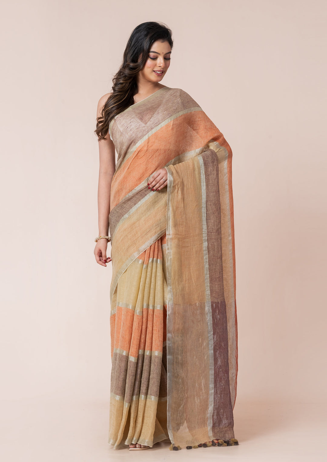 OCAU Meadow Mist - Pure Linen Multicolor Saree - Suspire