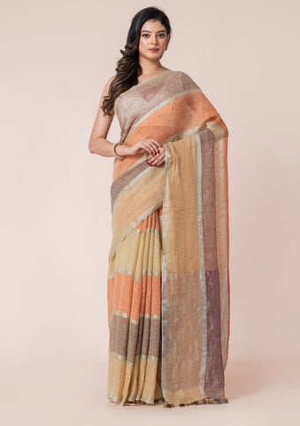 OCAU Meadow Mist - Pure Linen Multicolor Saree