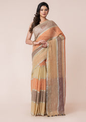 OCAU Meadow Mist - Pure Linen Multicolor Saree
