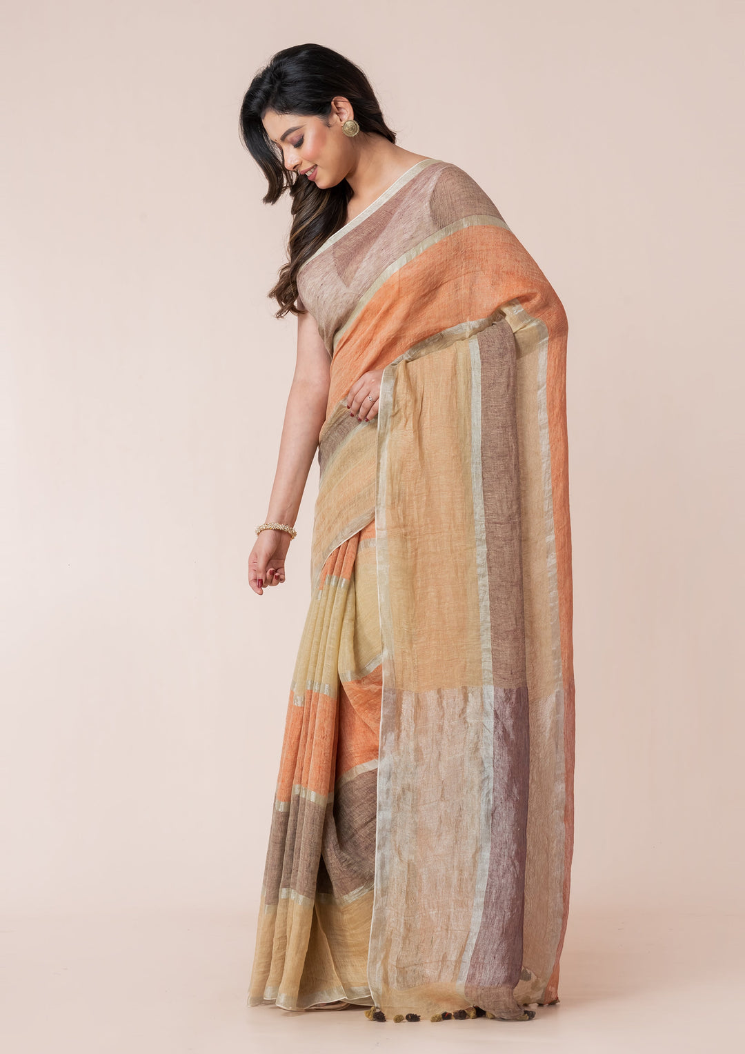 OCAU Meadow Mist - Pure Linen Multicolor Saree - Suspire