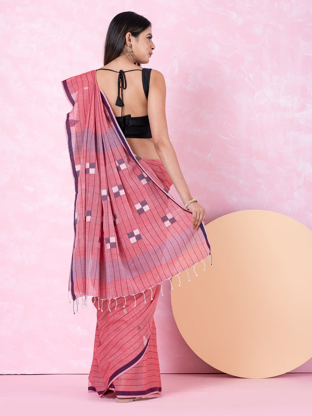OCAU Pink Prism - Organic cotton saree with jamdani motifs II Rose Gold - Suspire