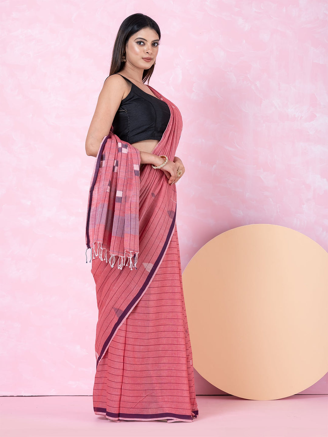 OCAU Pink Prism - Organic cotton saree with jamdani motifs II Rose Gold - Suspire