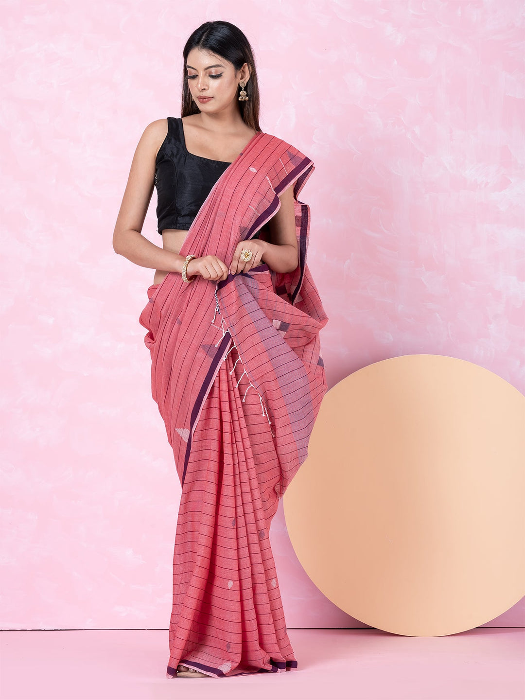 OCAU Pink Prism - Organic cotton saree with jamdani motifs II Rose Gold - Suspire