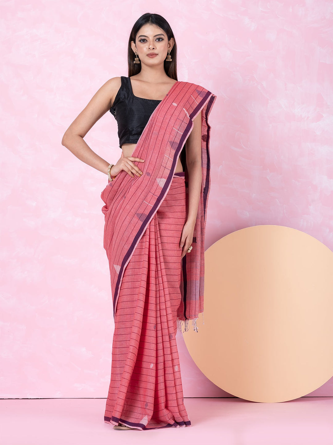OCAU Pink Prism - Organic cotton saree with jamdani motifs II Rose Gold - Suspire