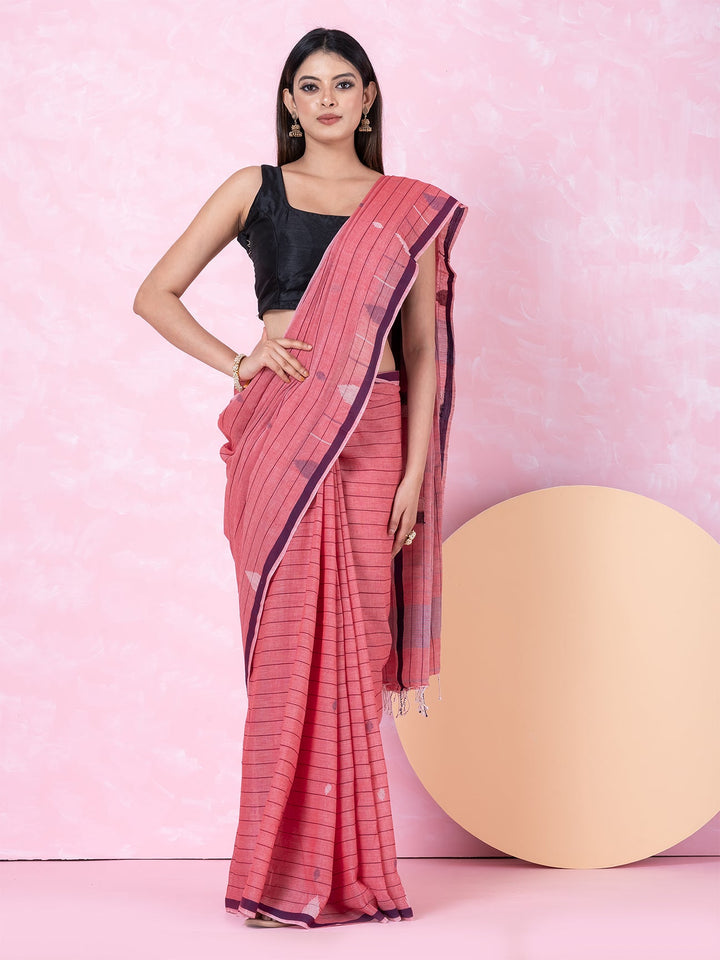 OCAU Pink Prism - Organic cotton saree with jamdani motifs II Rose Gold - Suspire