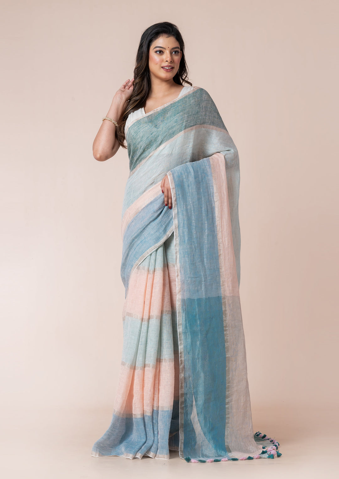OCAU Seashell Hues - Pure Linen Multicolor Saree - Suspire