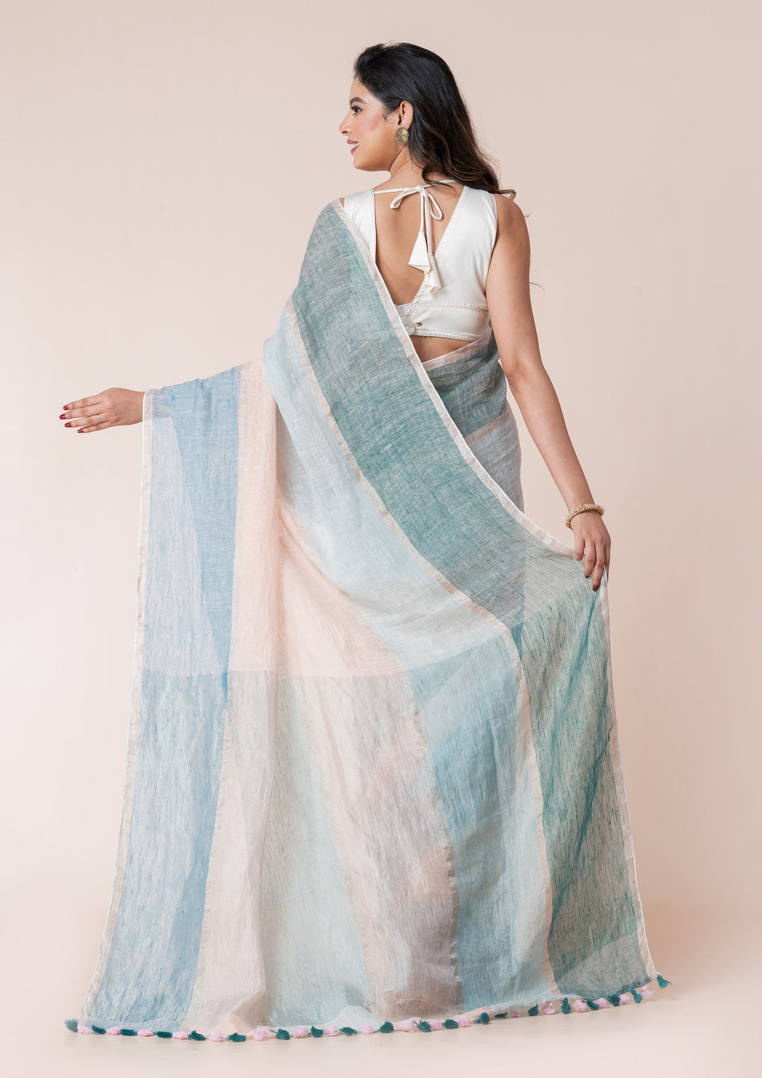 OCAU Seashell Hues - Pure Linen Multicolor Saree - Suspire