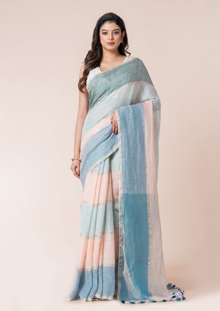 OCAU Seashell Hues - Pure Linen Multicolor Saree - Suspire