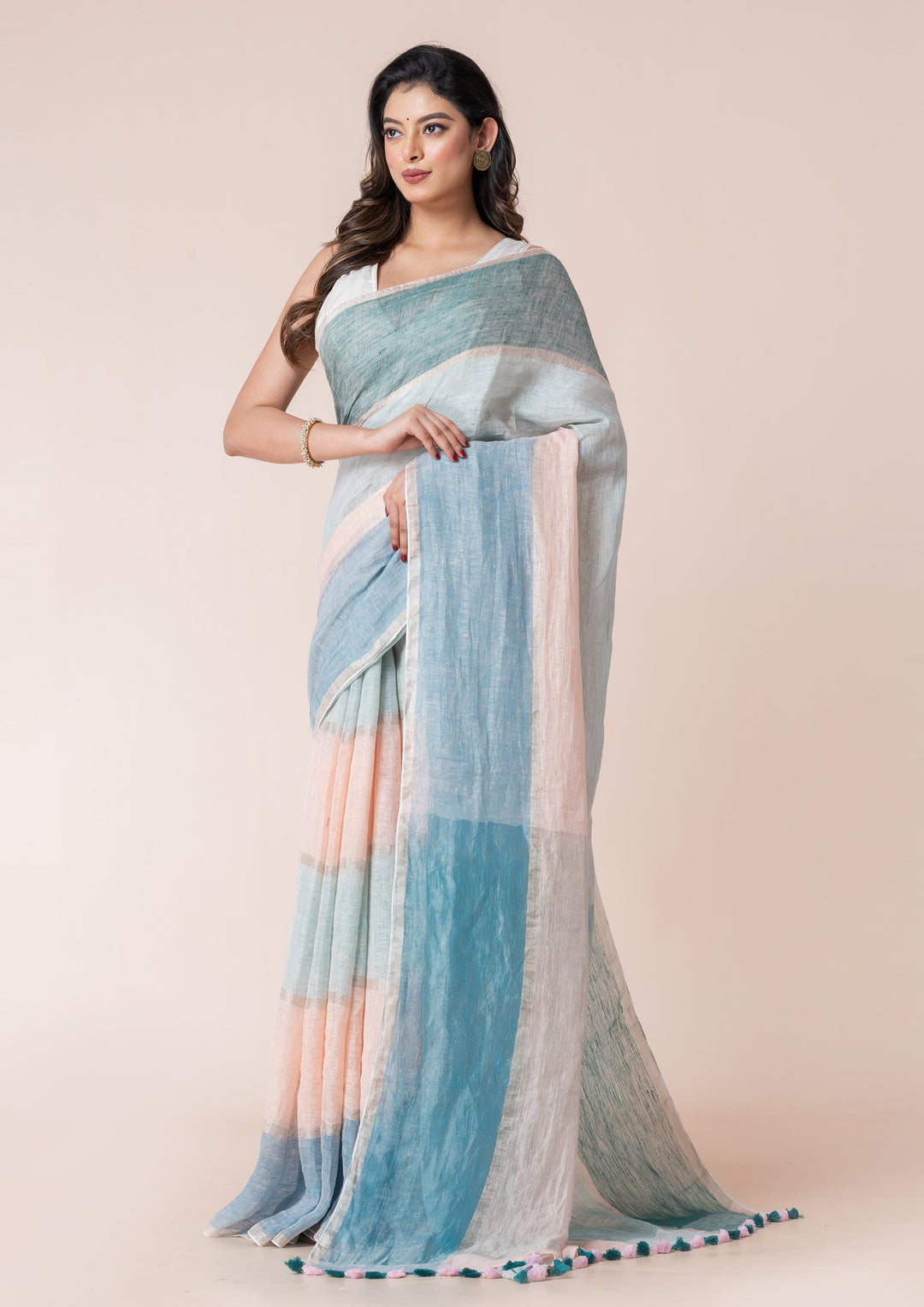 OCAU Seashell Hues - Pure Linen Multicolor Saree - Suspire