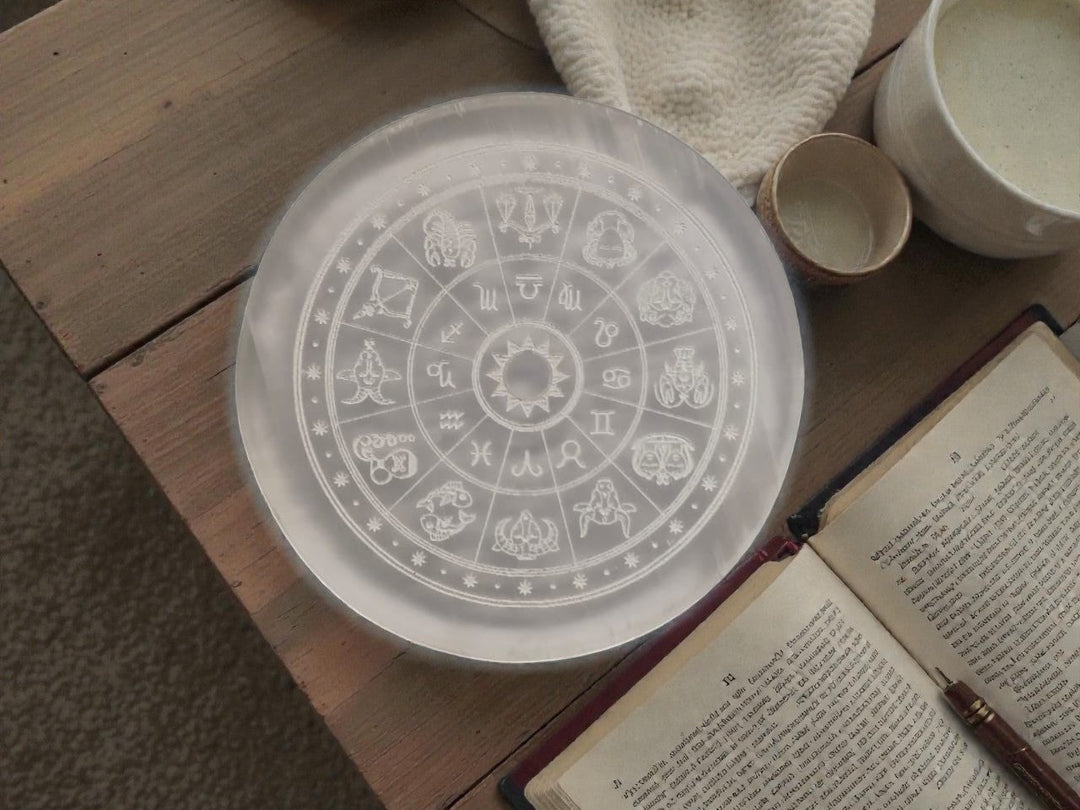 Onearth Selenite Charging Plate with zodiac signs