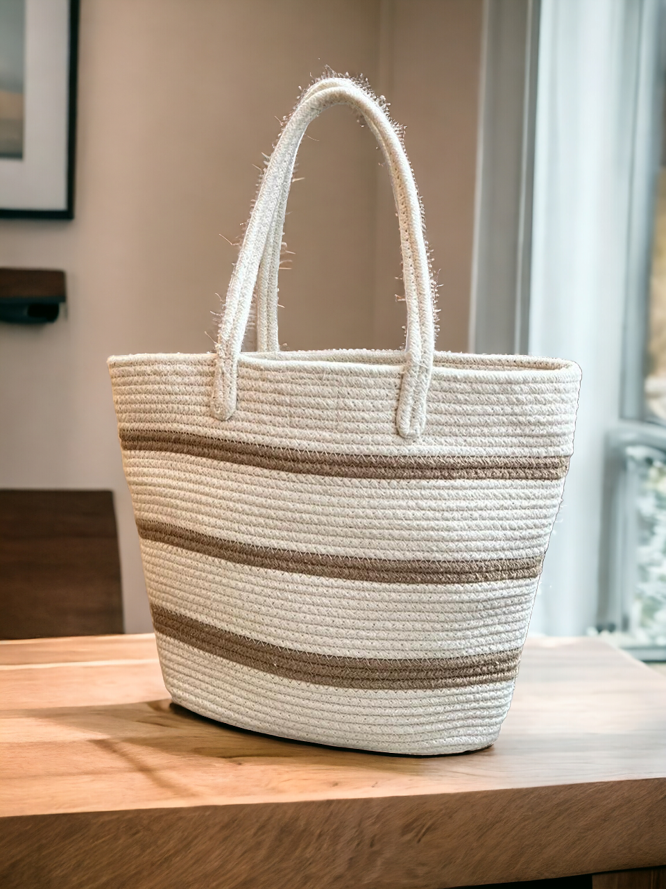 ONEarth Cream & Brown lines Tote bag
