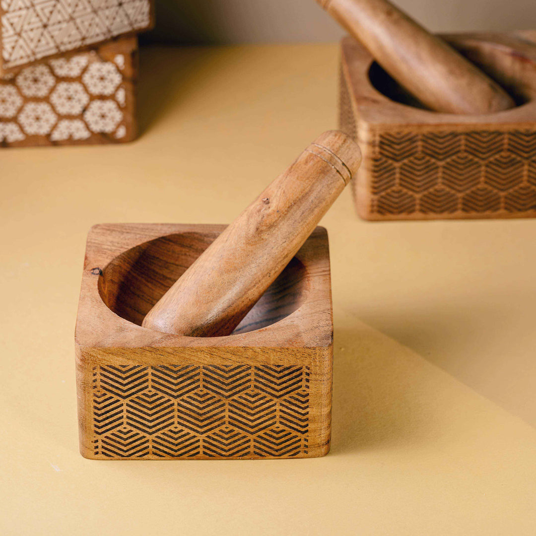Araana Home Okhli Engraved Wooden Mortar Pestle Set