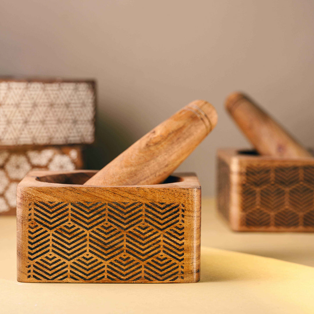 Araana Home Okhli Engraved Wooden Mortar Pestle Set