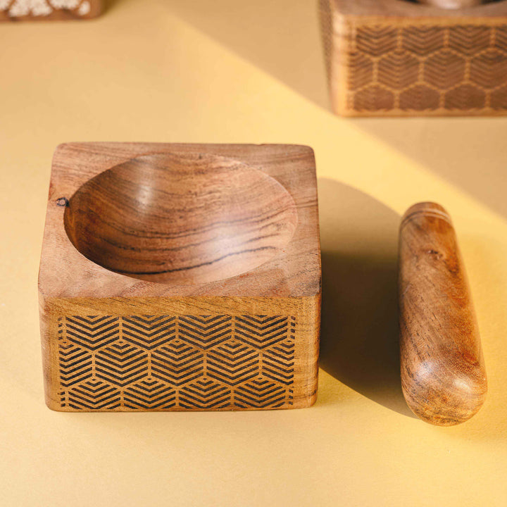 Araana Home Okhli Engraved Wooden Mortar Pestle Set