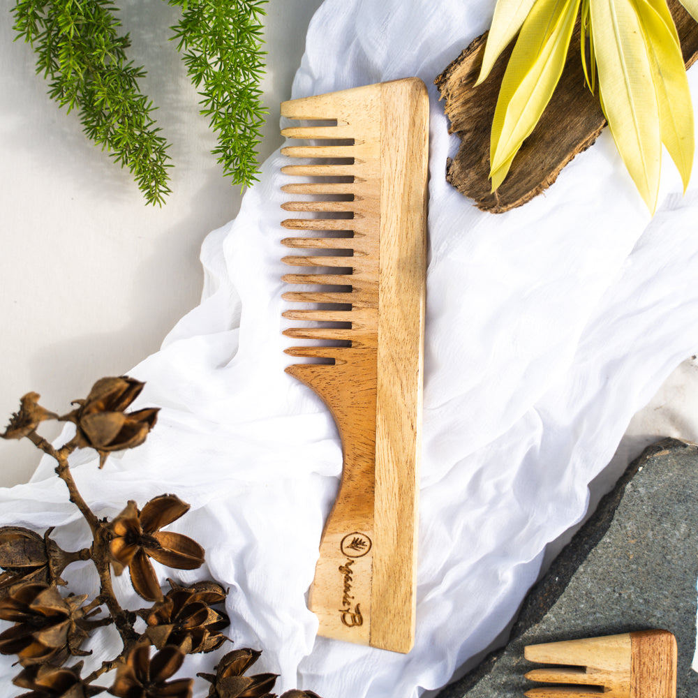 Organic B Neem Wood Wide Teeth with Handle|Detangle |Rosewood Infused