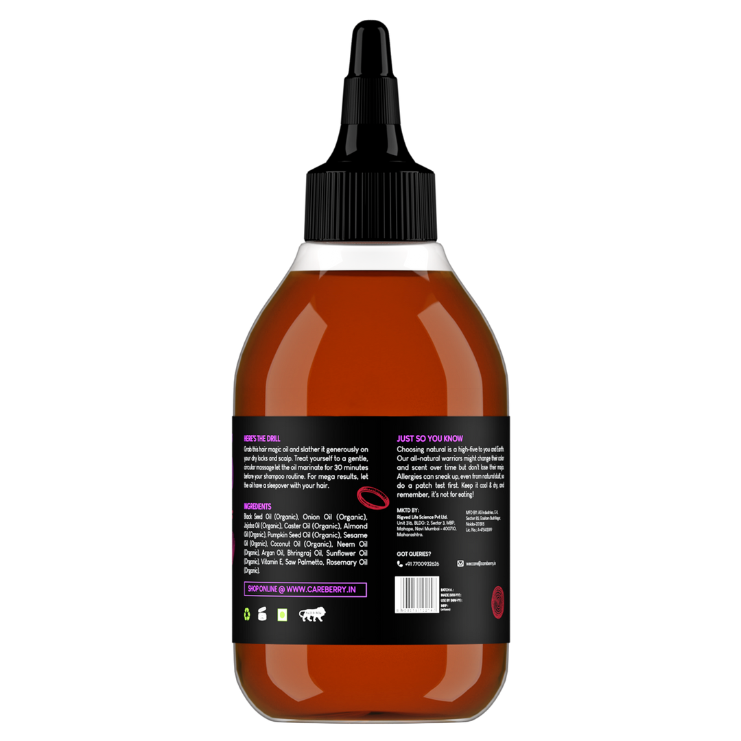 Careberry 100% Organic Red Onion & Black Seed Extract Oil, Hair Growth & Hair Fall Control, 100% Natural & Cold Pressed, Ayush Certified Ayurvedic 200ml