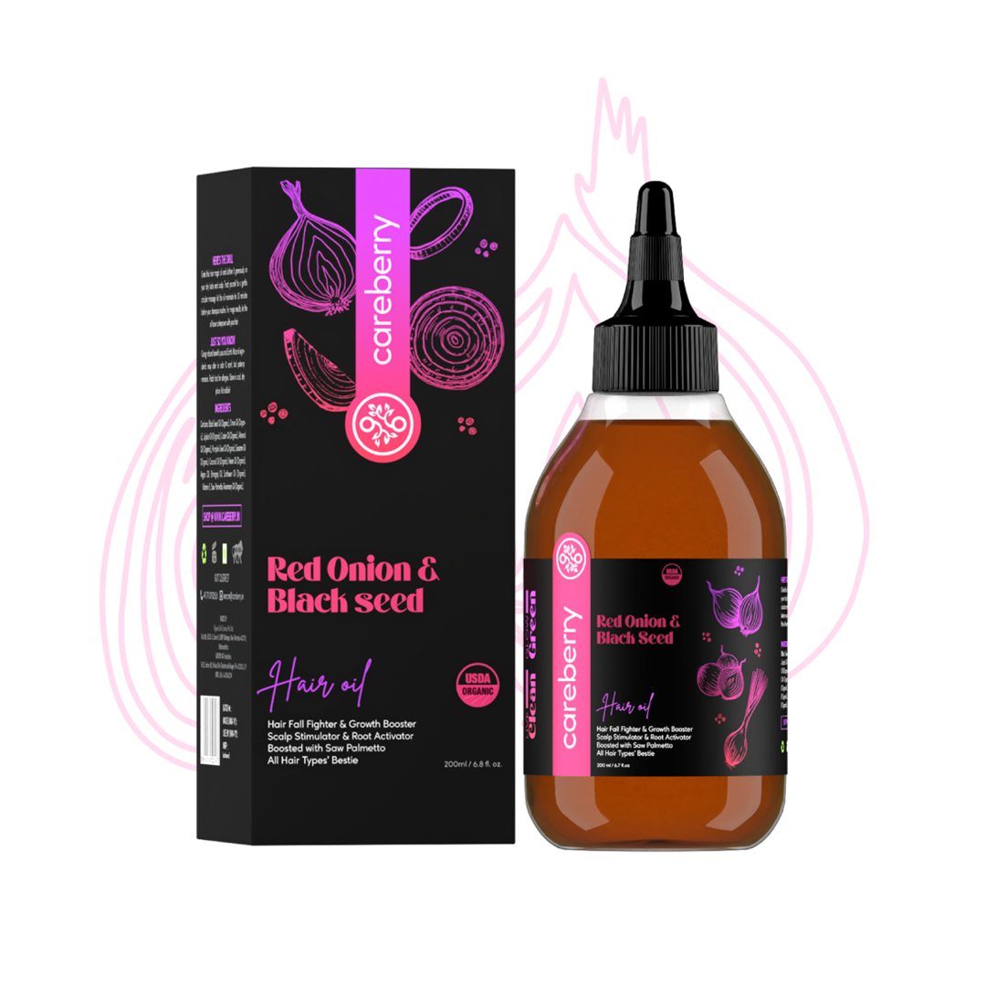 Careberry Red Onion & Black Seed Hair Growth Oil & Shampoo Combo | Hair Fall Fighter & Growth Booster | Paraben & Sulphate Free | For Men & Women | 300ml Shampoo + 200ml Oil