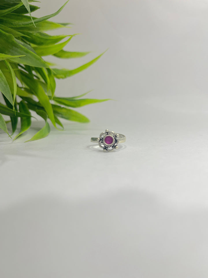 Oxidised 925 Sterling Silver Floral Toe Ring for Her (Ruby Pink Stone) - Suspire