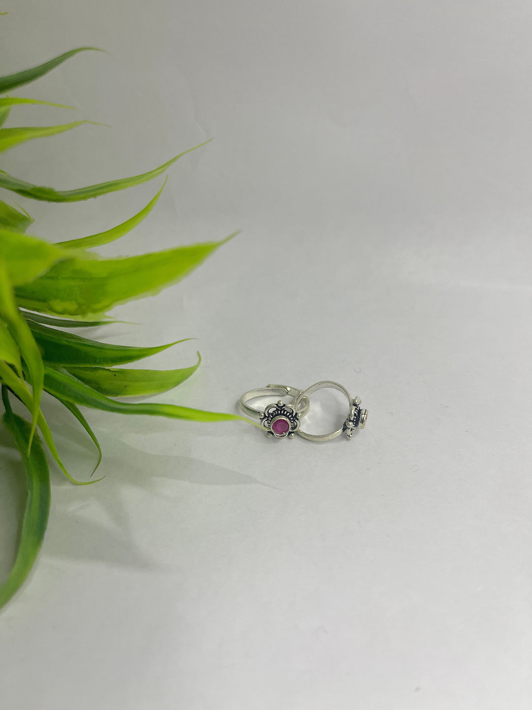 Oxidised 925 Sterling Silver Floral Toe Ring for Her (Ruby Pink Stone) - Suspire