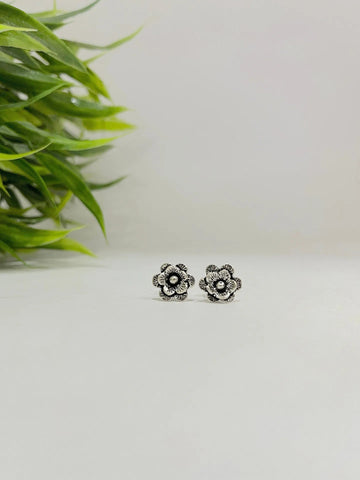 Oxidised Blossomed Rose Silver Ear Ring